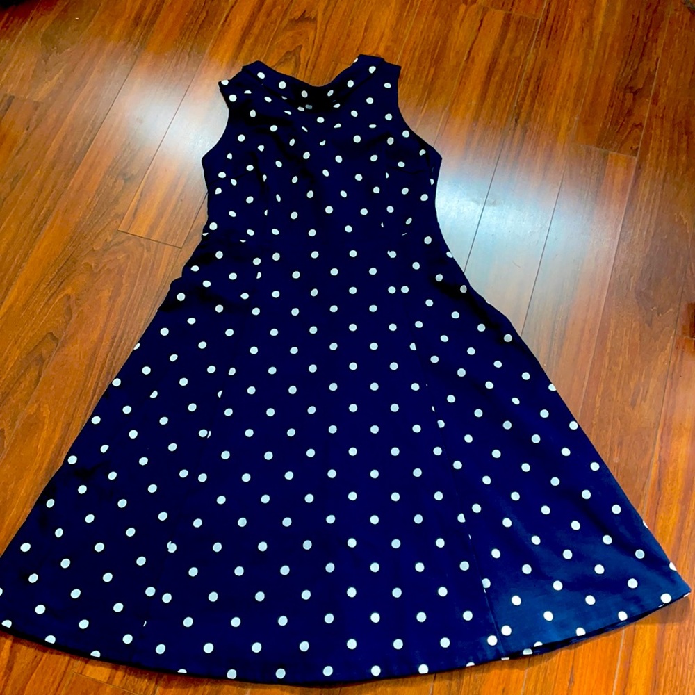 Size 16 Boden sleeveless, navy polka dot dress